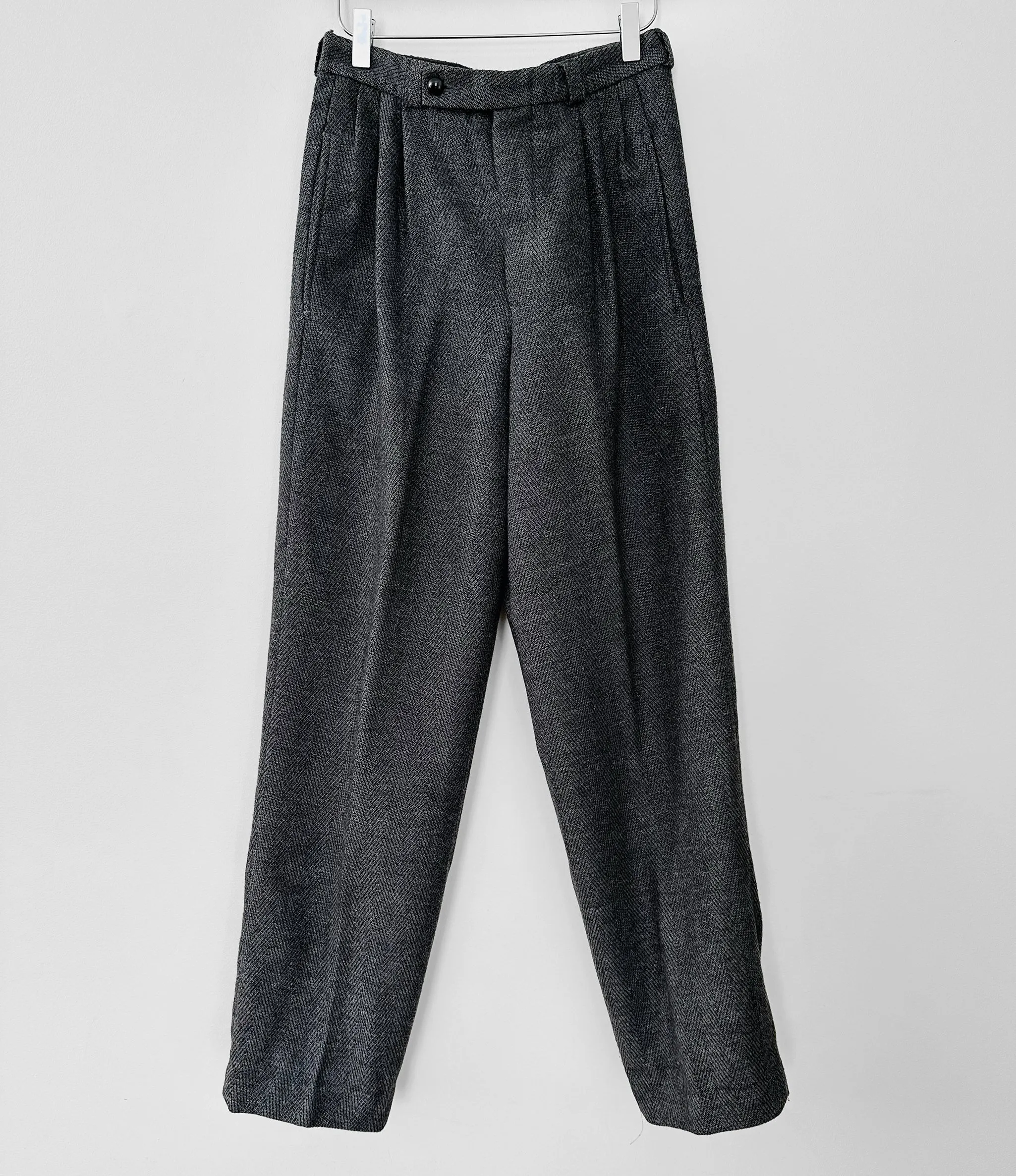 1980s Charcoal Grey Wool Blend Tweed Pleated Waist High-Waisted Trousers - Waist 28