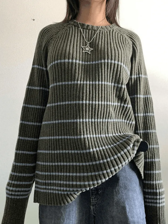 Back To School Sonicelife Striped Ribbed Pullover Knit Sweater