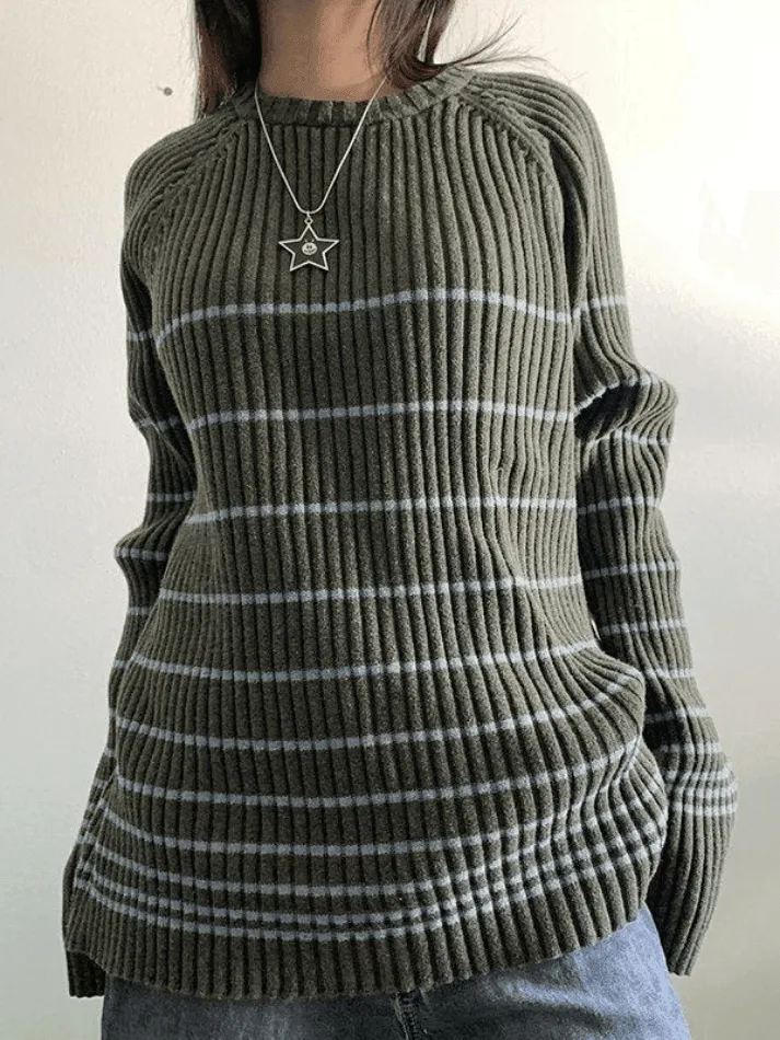 Back To School Sonicelife Striped Ribbed Pullover Knit Sweater