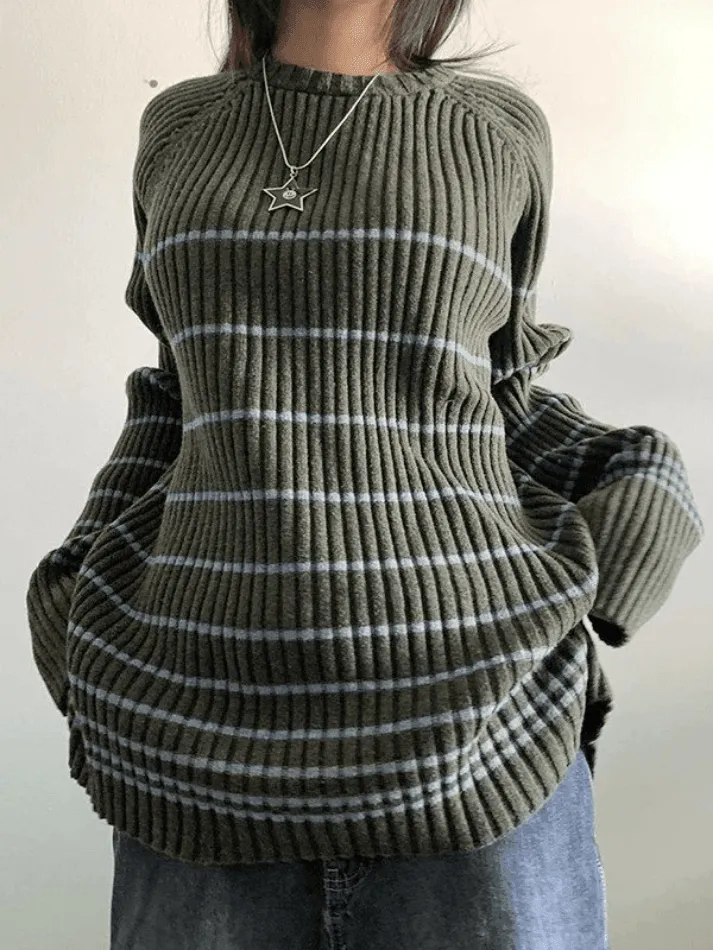 Back To School Sonicelife Striped Ribbed Pullover Knit Sweater