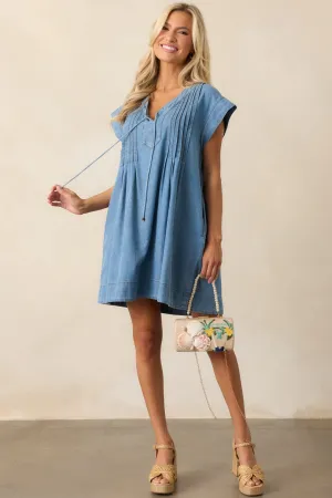 Be Someone Light Wash Chambray Pleated Mini Dress