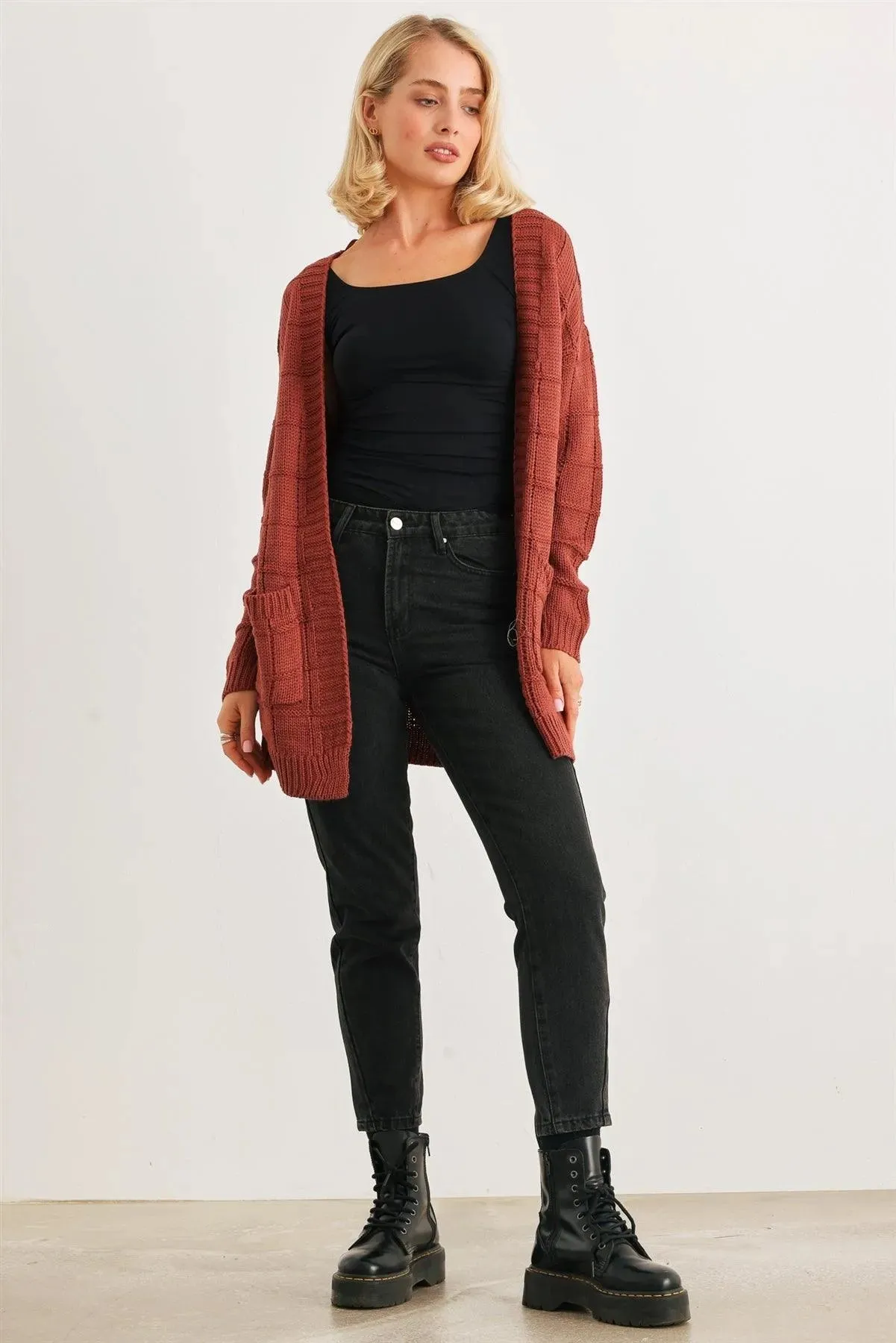 Brick Knit Two Pocket Long Sleeve Open Front Cardigan /2-2-2