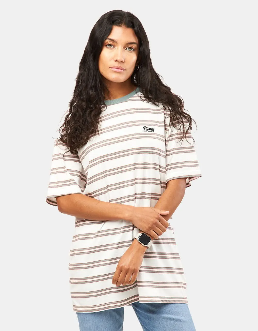 Brixton Hilt Stith Striped T-Shirt - Whitecap/Chinois Green