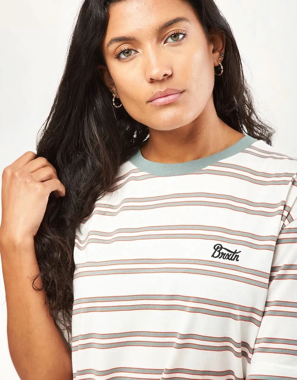Brixton Hilt Stith Striped T-Shirt - Whitecap/Chinois Green