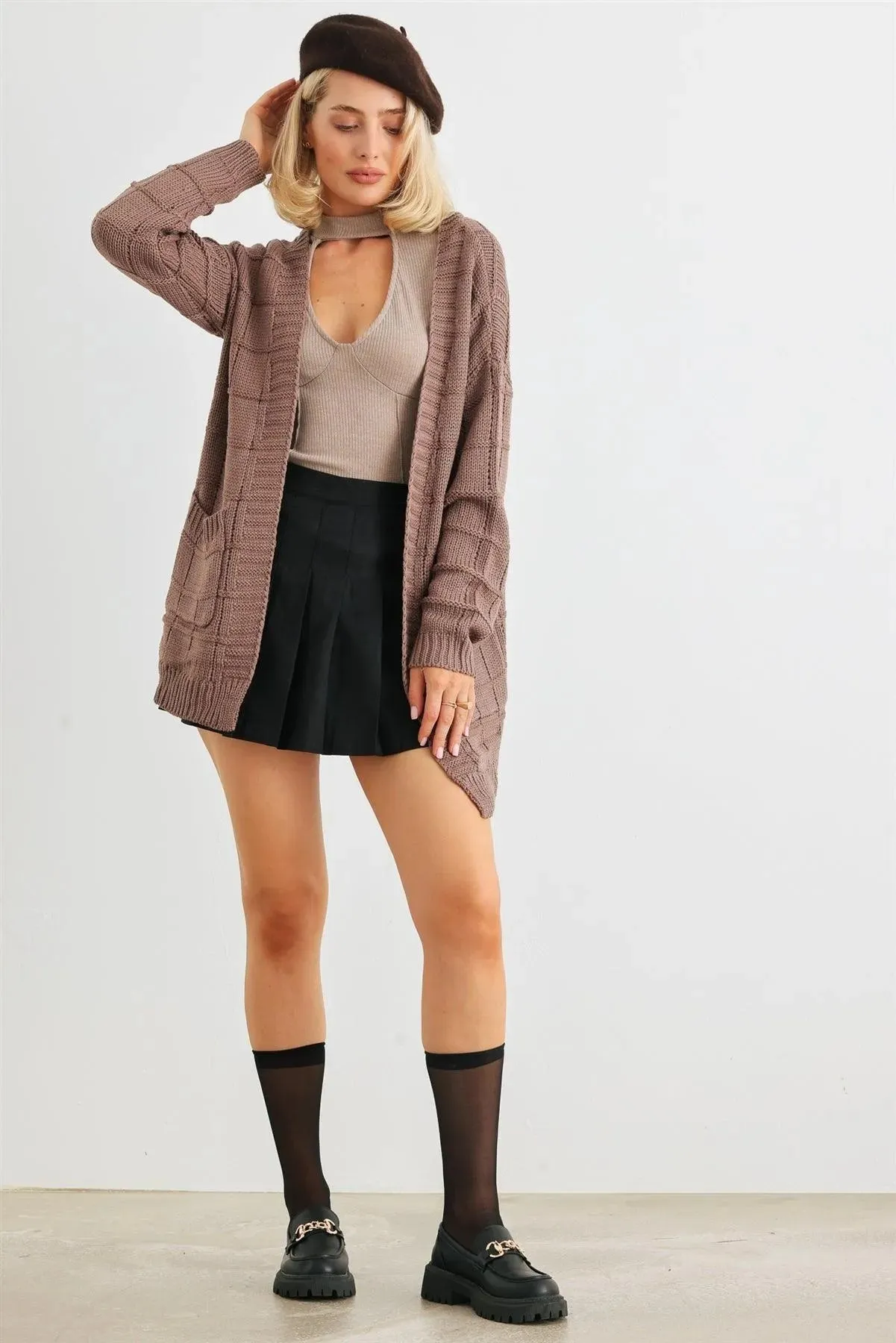 Cocoa Brown Knit Two Pocket Long Sleeve Open Front Cardigan /2-2-2