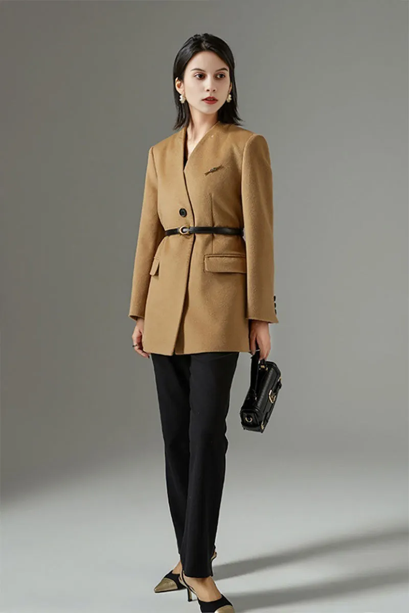 Collarless Single-Breasted Cashmere-Wool Blazer with Belt
