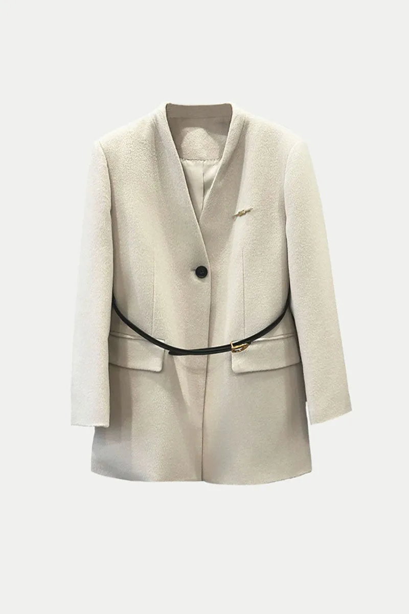 Collarless Single-Breasted Cashmere-Wool Blazer with Belt