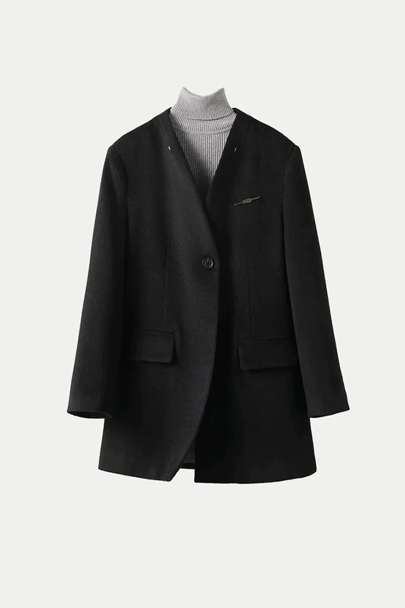 Collarless Single-Breasted Cashmere-Wool Blazer with Belt