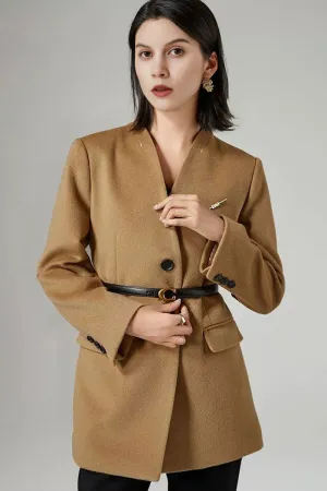 Collarless Single-Breasted Cashmere-Wool Blazer with Belt