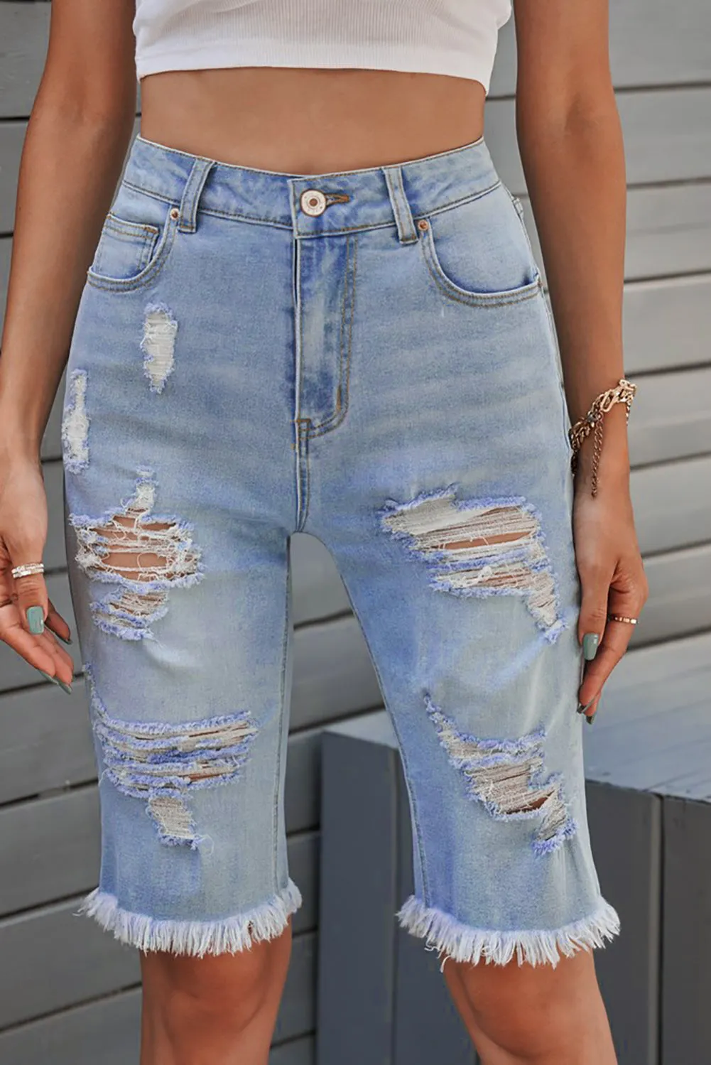Distressed Denim Bermuda Shorts