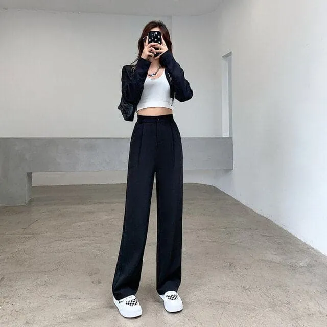DressBetty - Women High Waist Floor-Length Suits Pants Autumn Winter White Loose Wide Leg Pants Female Office Ladies Straight Long Trousers