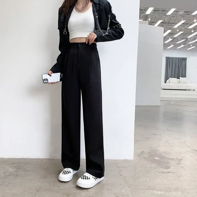 DressBetty - Women High Waist Floor-Length Suits Pants Autumn Winter White Loose Wide Leg Pants Female Office Ladies Straight Long Trousers