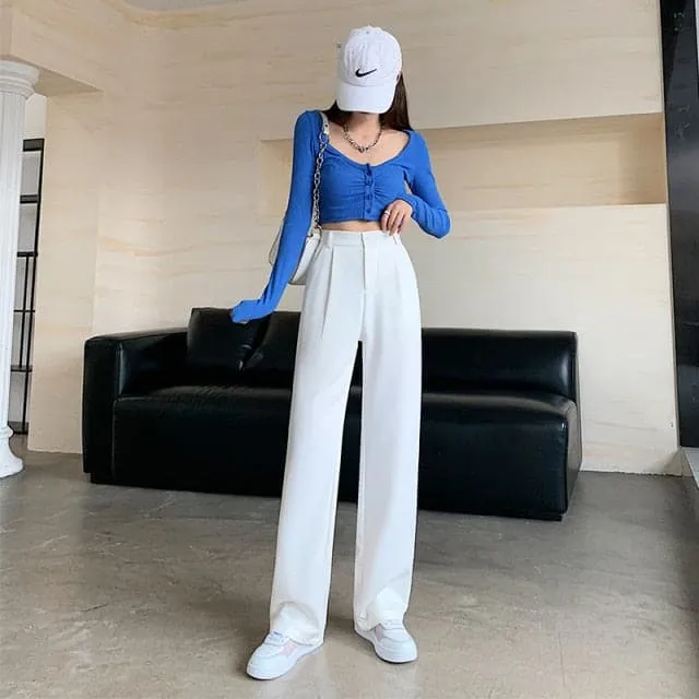 DressBetty - Women High Waist Floor-Length Suits Pants Autumn Winter White Loose Wide Leg Pants Female Office Ladies Straight Long Trousers