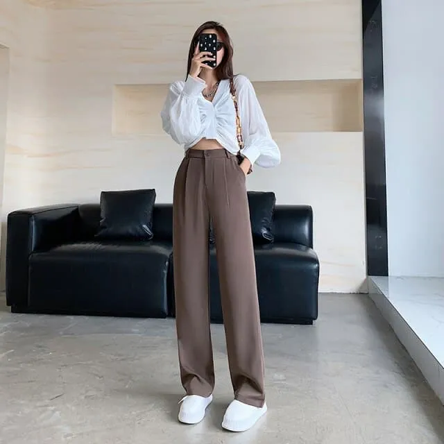 DressBetty - Women High Waist Floor-Length Suits Pants Autumn Winter White Loose Wide Leg Pants Female Office Ladies Straight Long Trousers