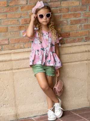 Girls Boho Flowers Oversized Top and Denim Shorts Set