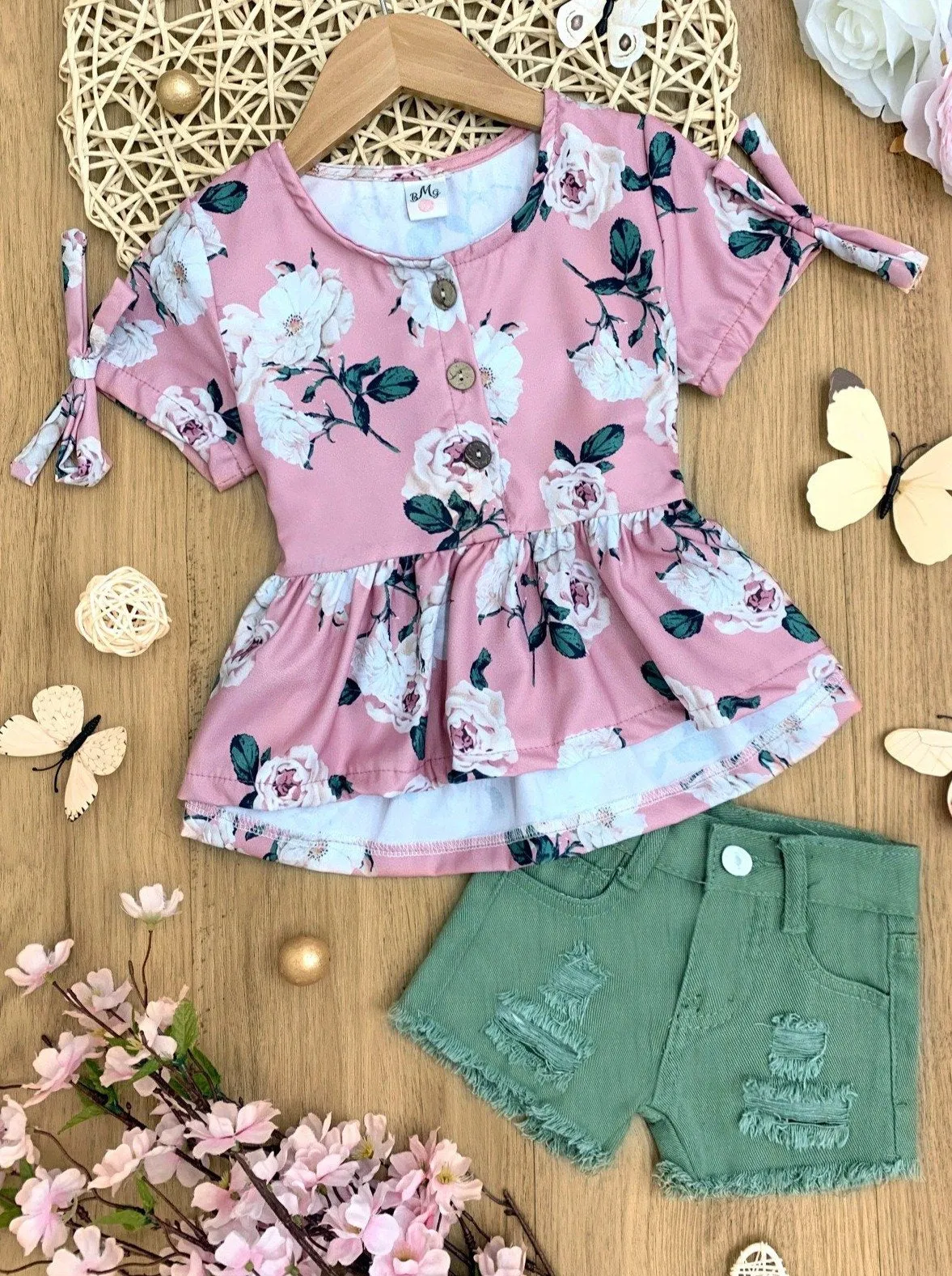 Girls Boho Flowers Oversized Top and Denim Shorts Set