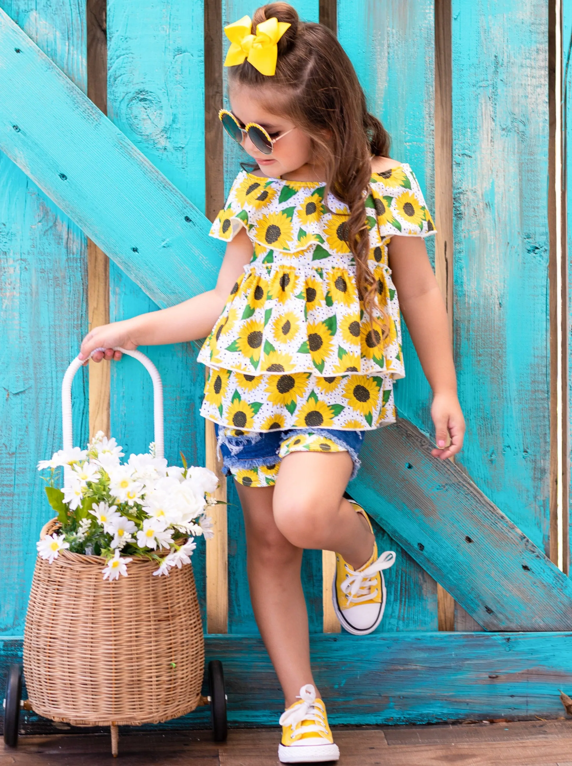 Girls Sunflower Beauty Top and Denim Short Set