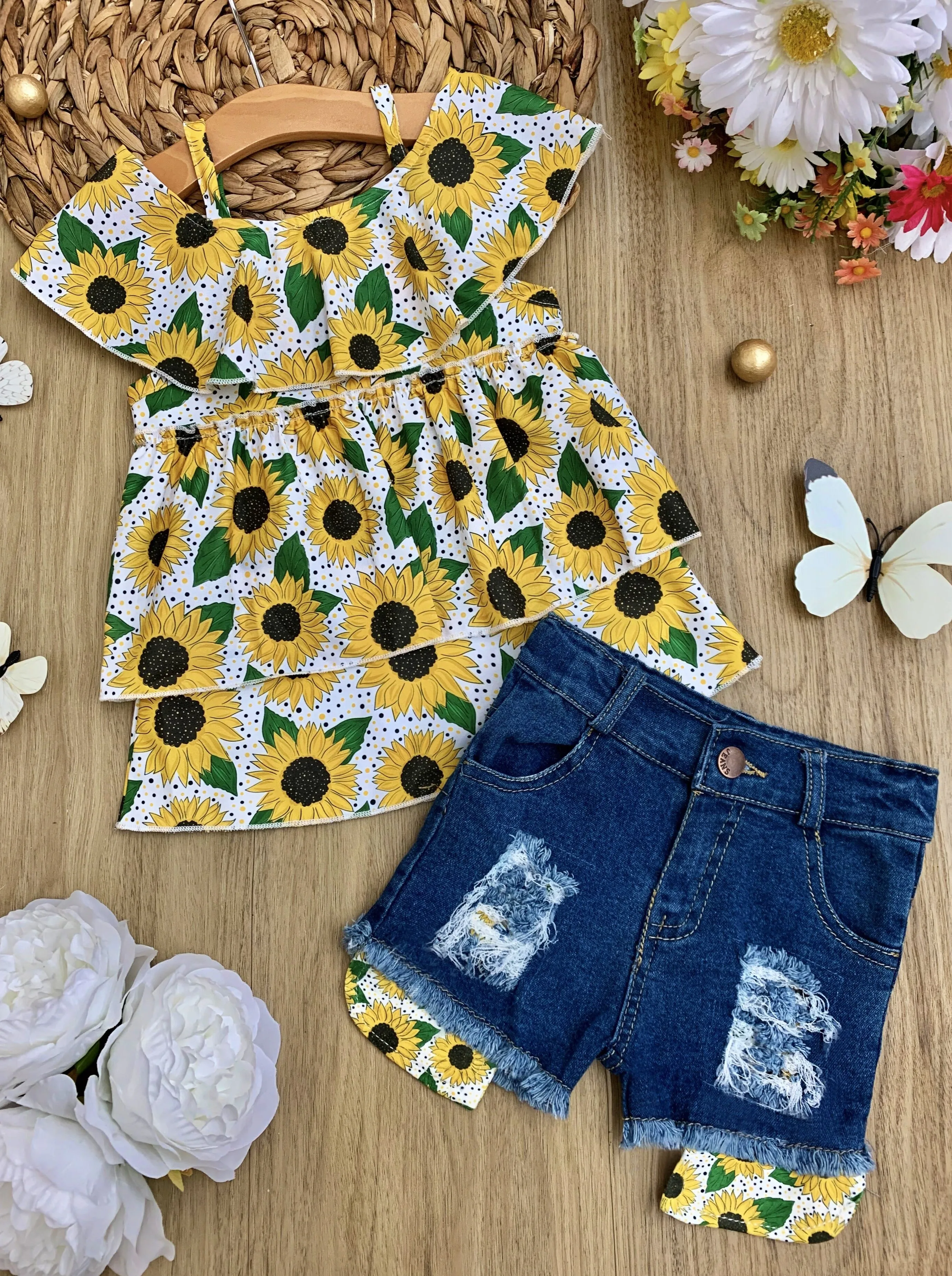 Girls Sunflower Beauty Top and Denim Short Set
