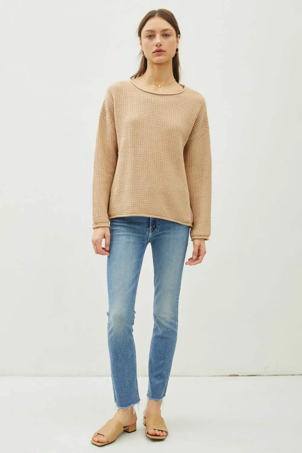Hazel Blues® |  Be Cool Rolled Openwork Round Neck Sweater