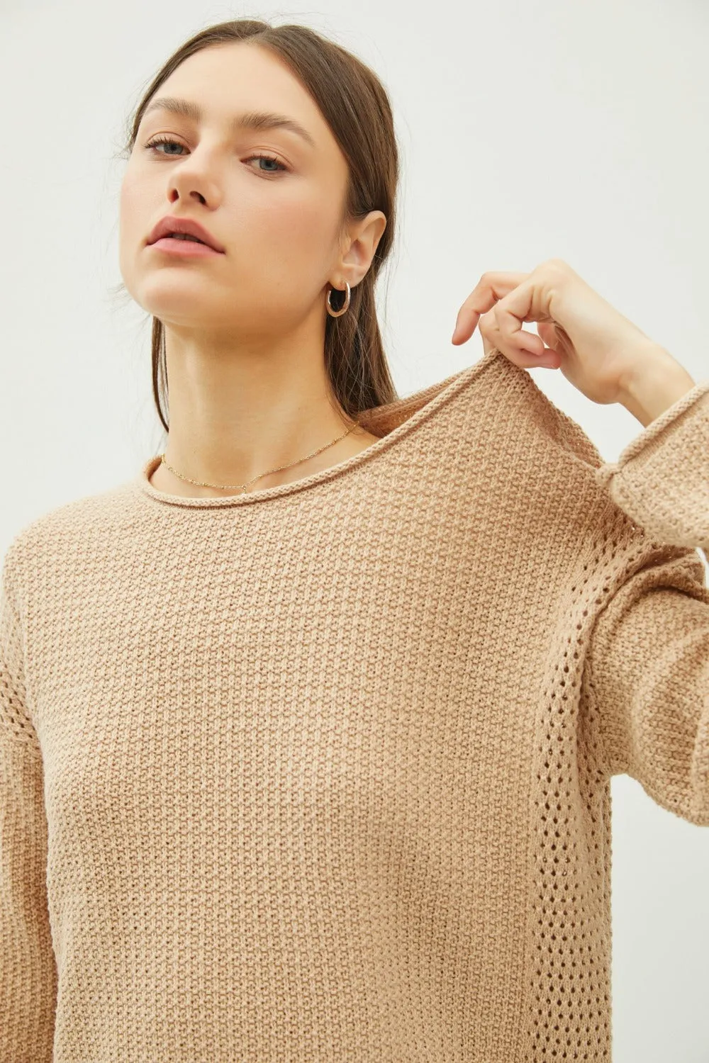 Hazel Blues® |  Be Cool Rolled Openwork Round Neck Sweater