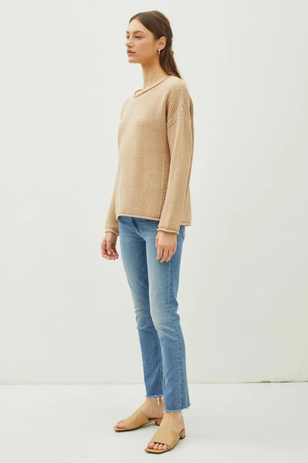 Hazel Blues® |  Be Cool Rolled Openwork Round Neck Sweater