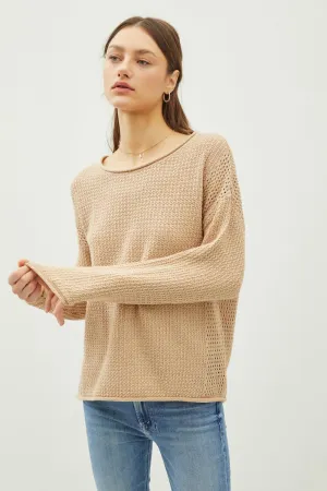 Hazel Blues® |  Be Cool Rolled Openwork Round Neck Sweater