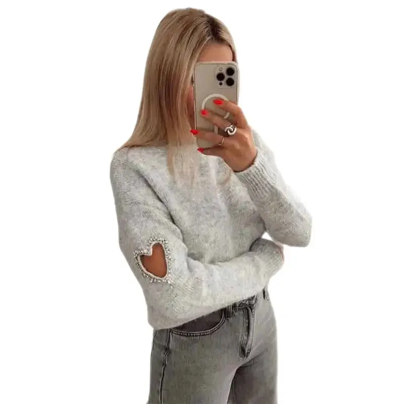Heart O Neck Knit Long Sleeve Pullover Sweater