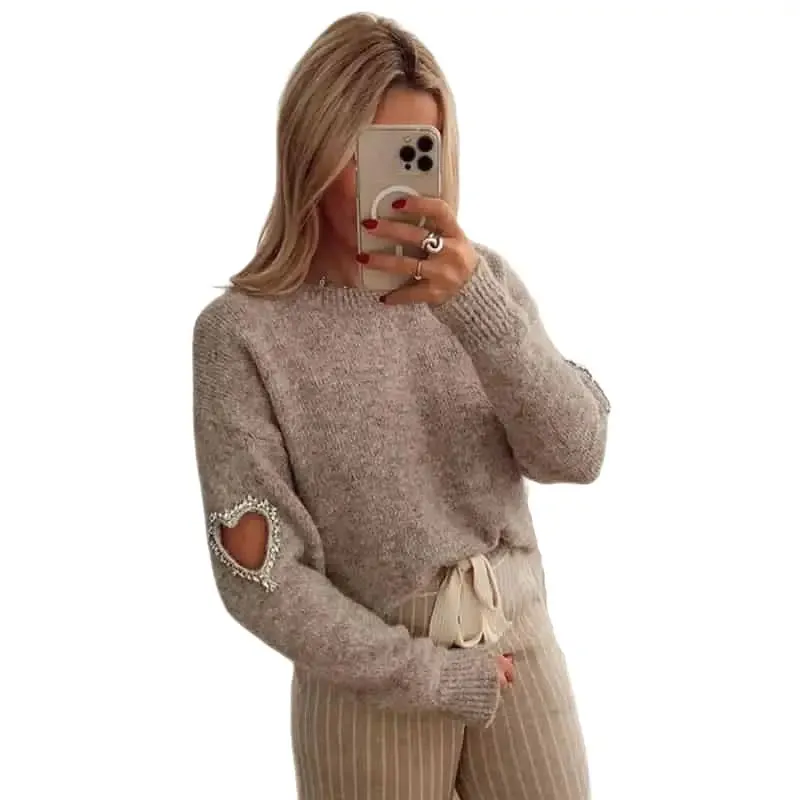 Heart O Neck Knit Long Sleeve Pullover Sweater