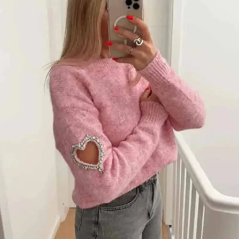 Heart O Neck Knit Long Sleeve Pullover Sweater