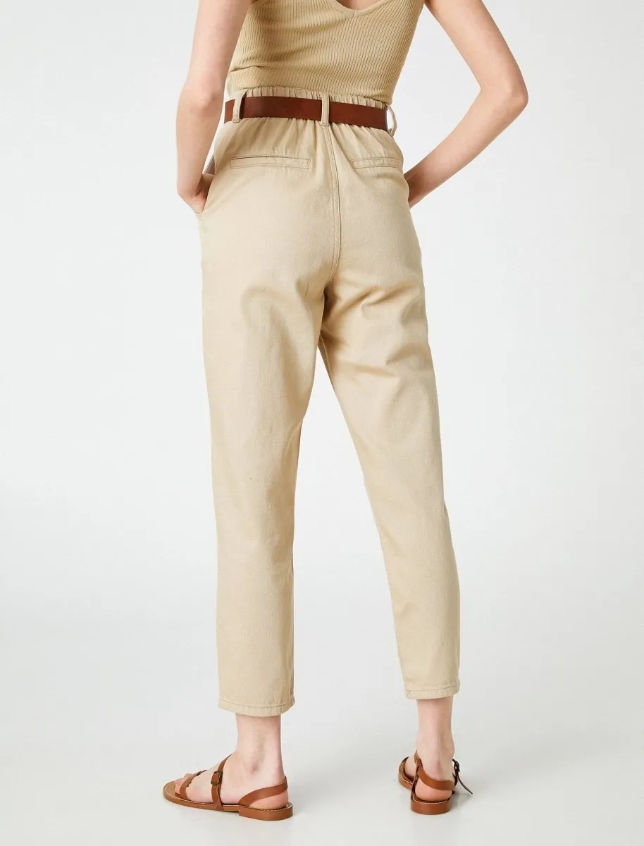 High Waist Belted Twill Pants in Sand