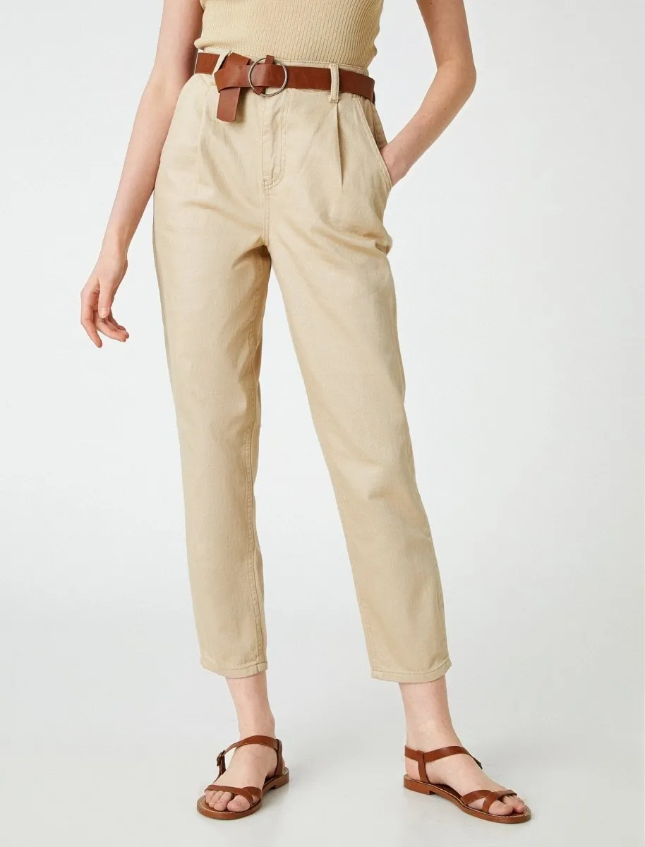 High Waist Belted Twill Pants in Sand