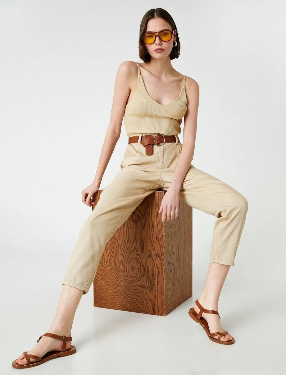 High Waist Belted Twill Pants in Sand