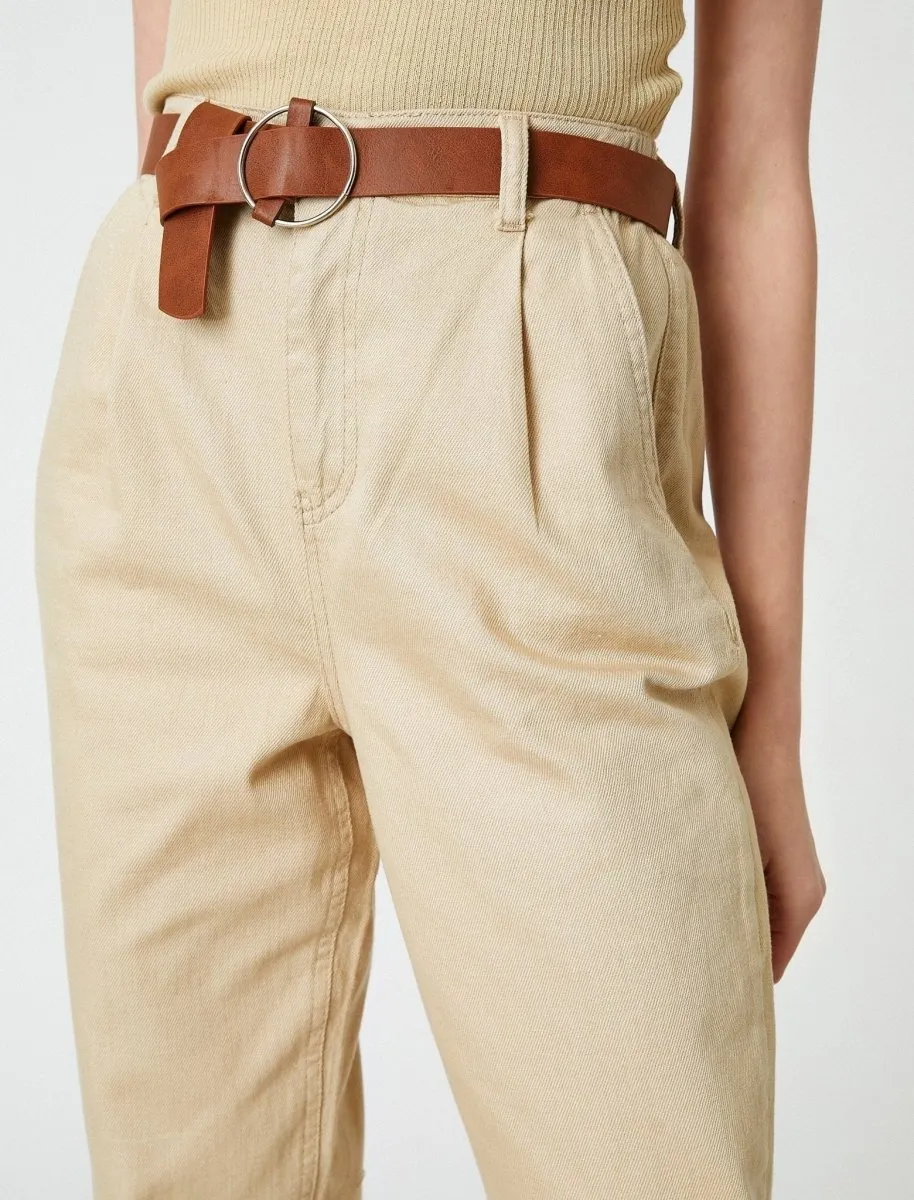 High Waist Belted Twill Pants in Sand