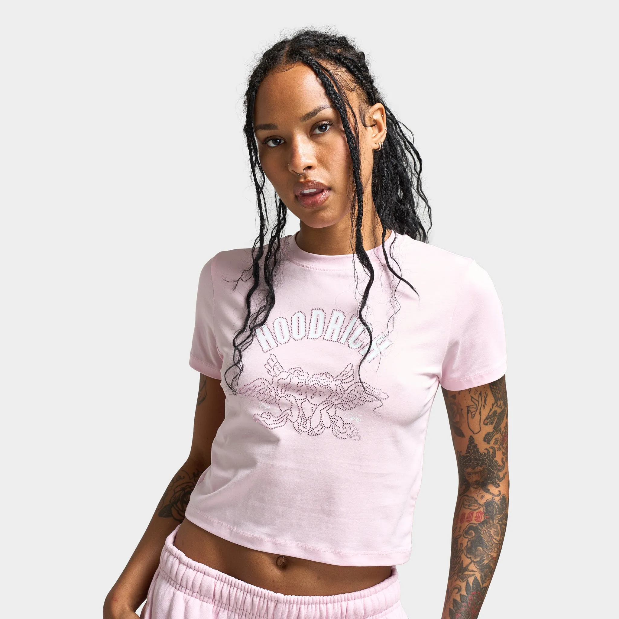 Hoodrich Women's Cherish Slim Fit Graphic T-Shirt Festival Bloom / White - Pink Rhinestone