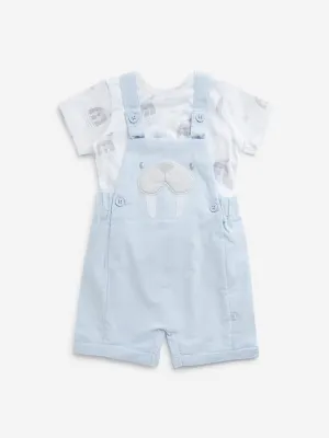HOP Baby Light Blue Animal Print Dungaree & Cotton T-Shirt