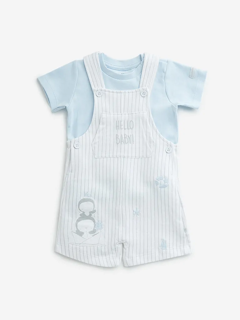 HOP Baby White Striped Dungaree with Cotton T-Shirt Set
