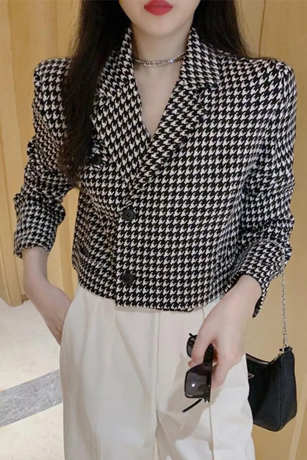 Houndstooth Pattern Notched Blazer Jackets