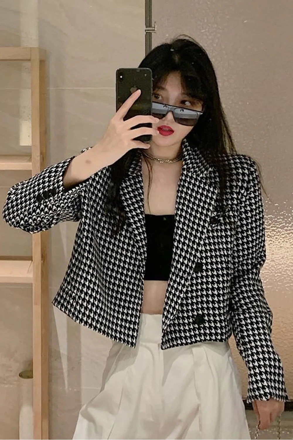 Houndstooth Pattern Notched Blazer Jackets