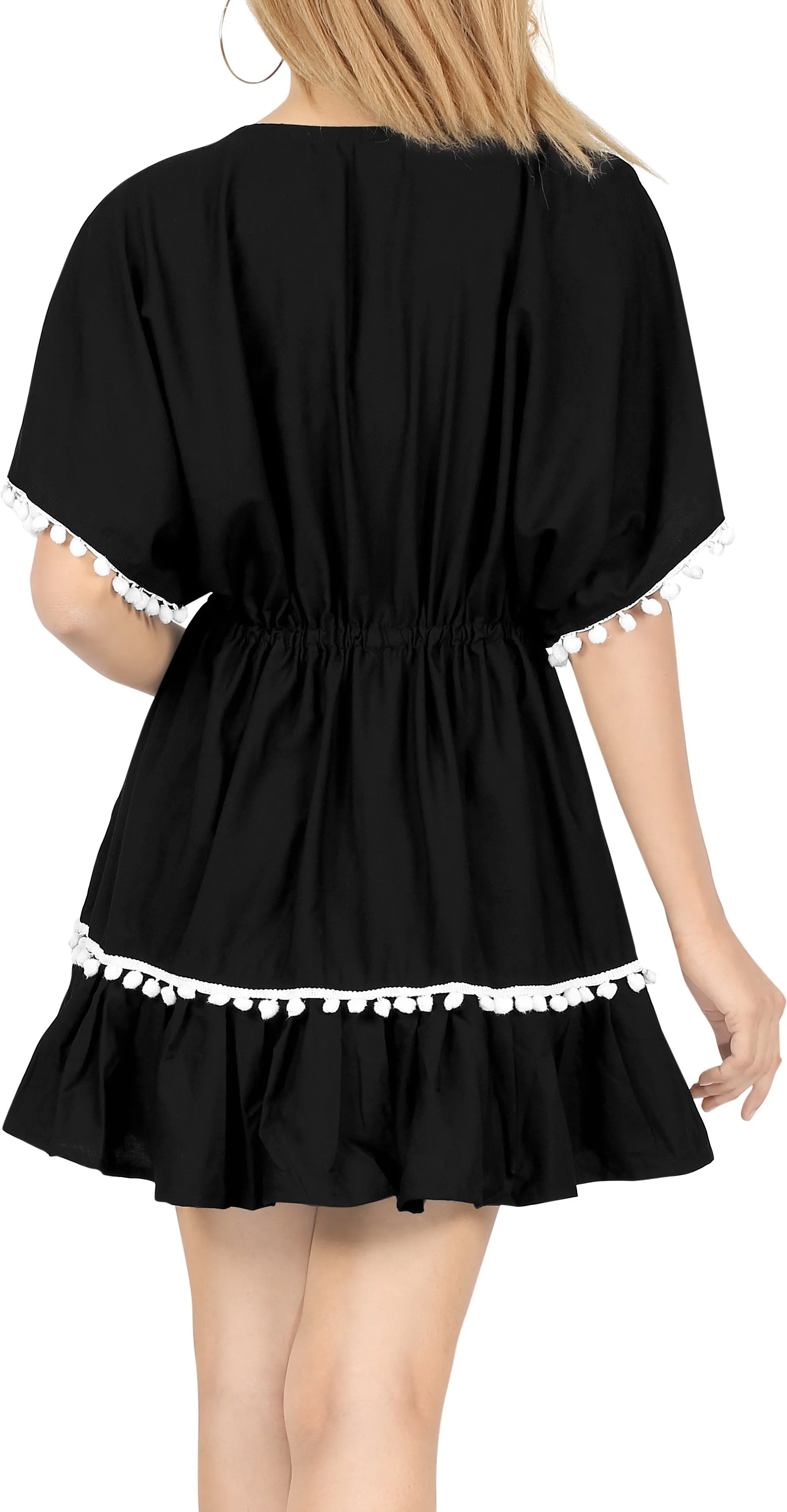 La Leela Cotton V NECK POM POM LACE Beach SWIMSUIT Cover up TUNIC Caftan Black
