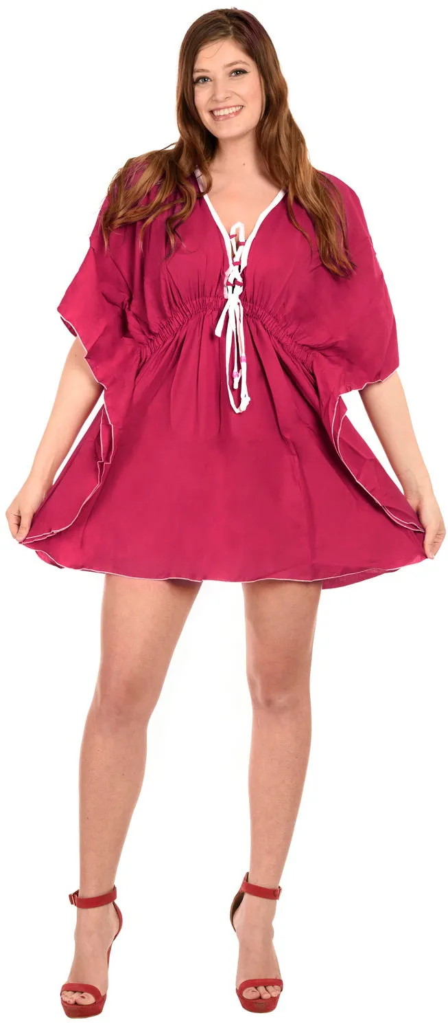 La Leela Rayon Deep V Neck Solid Dark Beach Stretchy Tunic Cover Up Women Pink