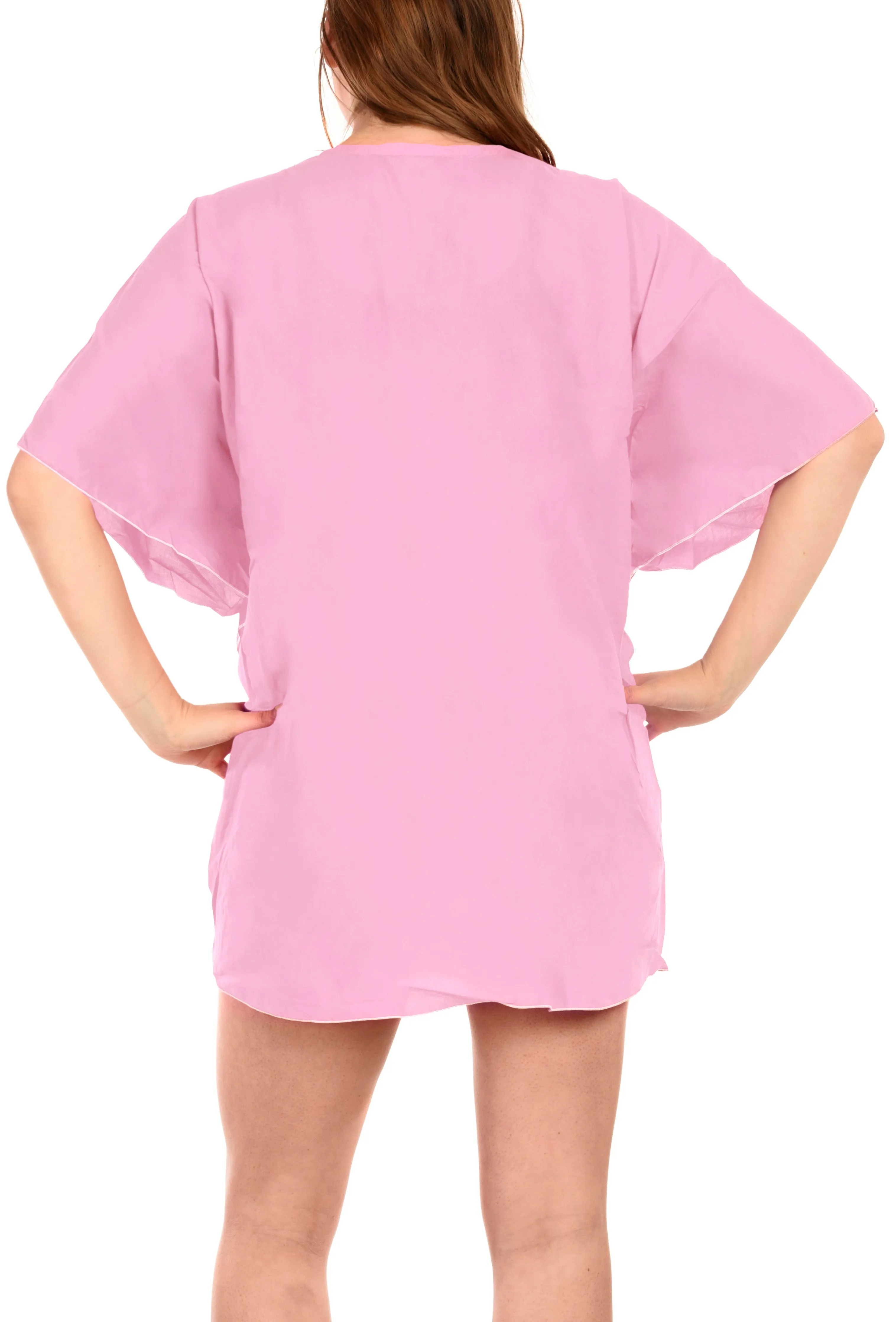 La Leela Rayon Deep V Neck Solid Pink Bikini Tunic Cover Up Swimsuit Women