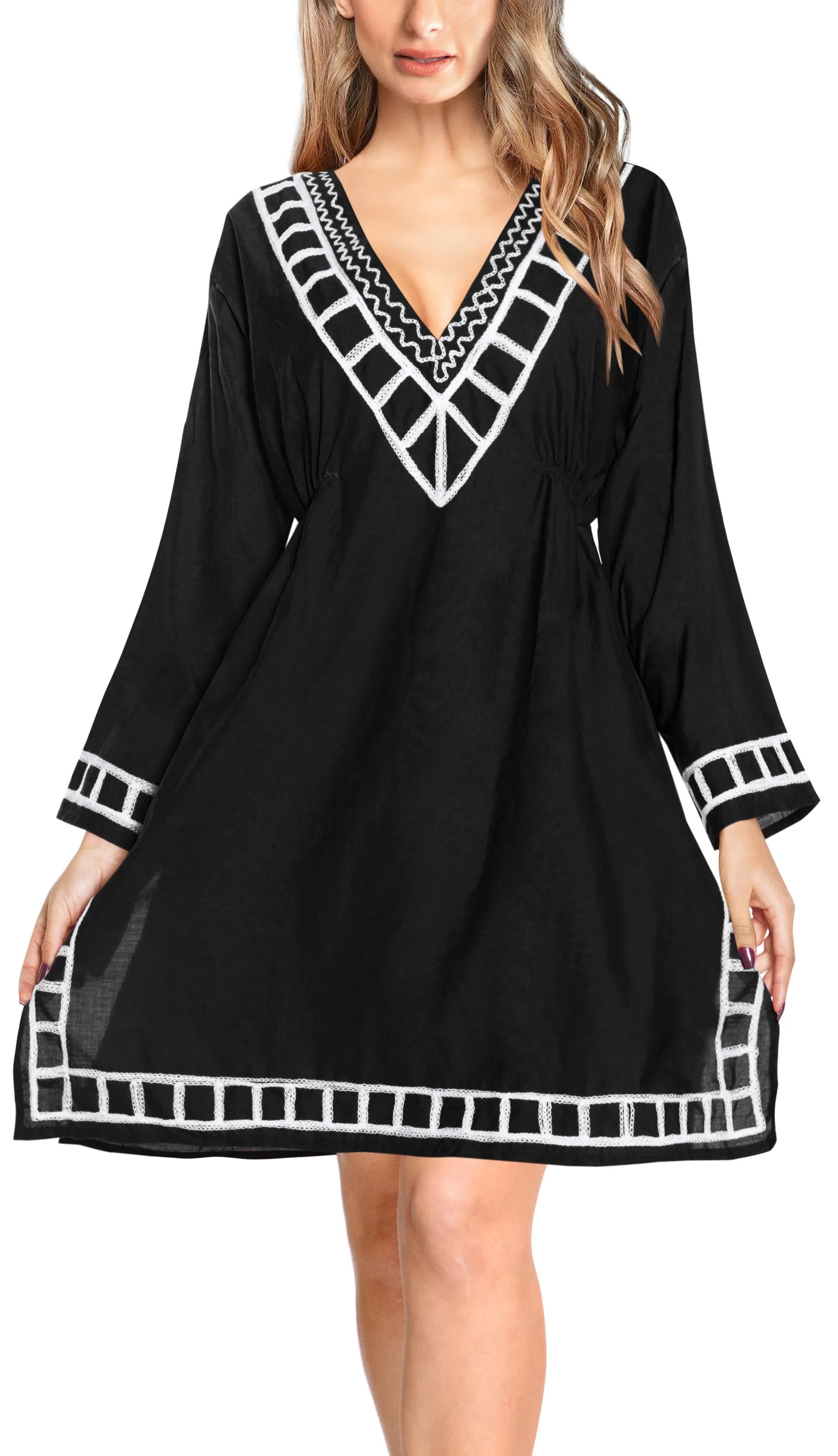 La Leela RAYON Embroidered Plain Designer Beach Cover up Casual Top Tunic Black