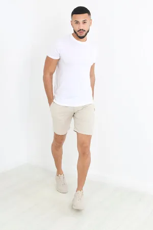 LIGHT STONE BELTED FIVE POCKET LINEN SHORTS