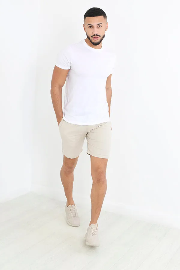 LIGHT STONE BELTED FIVE POCKET LINEN SHORTS