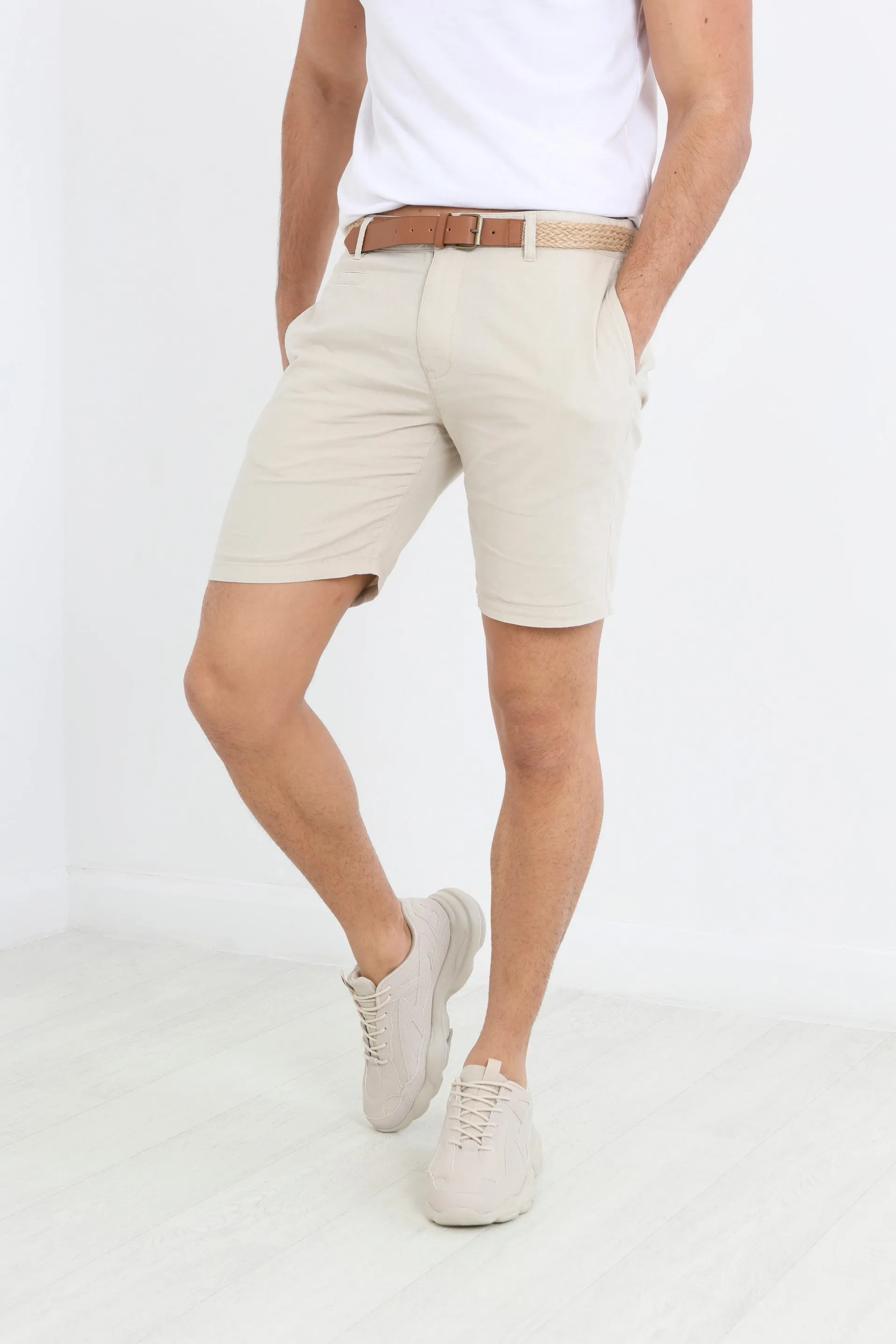LIGHT STONE BELTED FIVE POCKET LINEN SHORTS