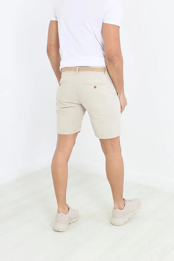 LIGHT STONE BELTED FIVE POCKET LINEN SHORTS
