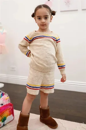 Little Toddler Girls Oatmeal Cotton Knit Multi Color Stripe Sweater & Short Set