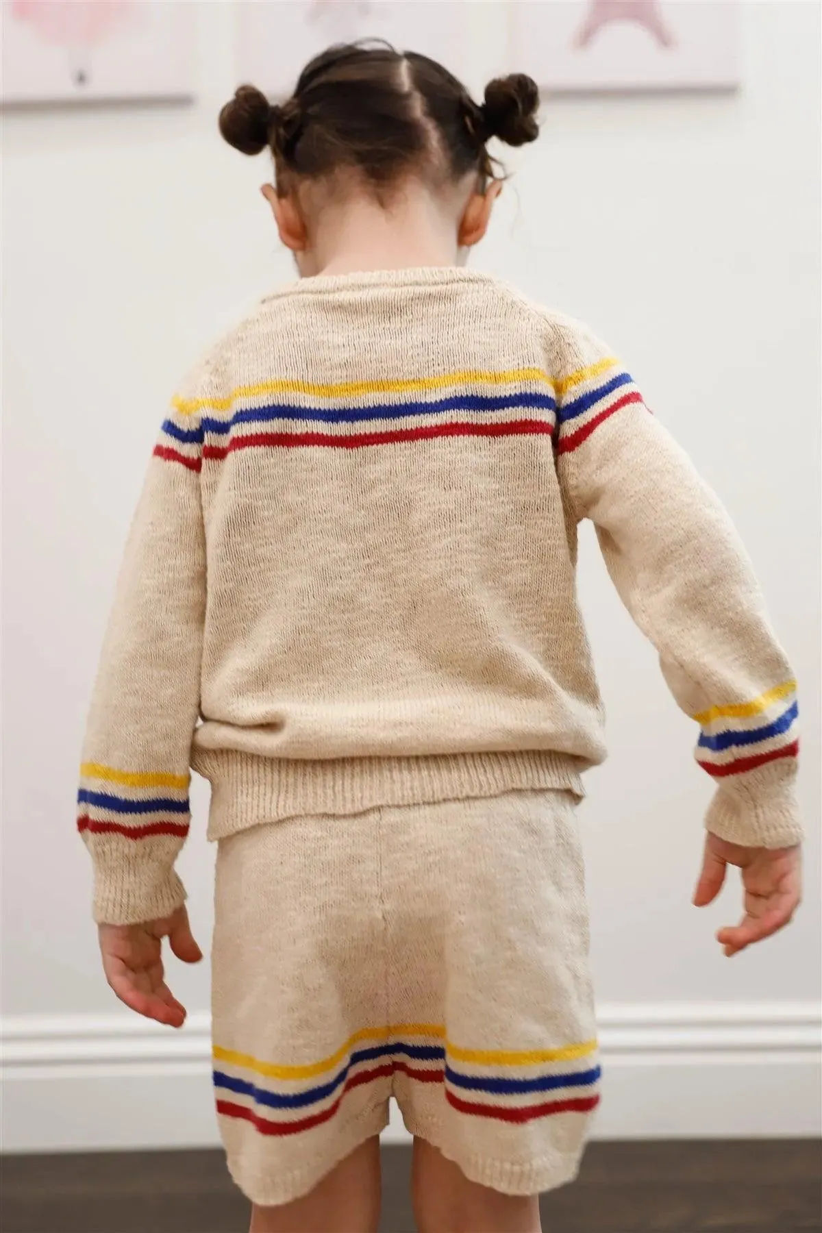 Little Toddler Girls Oatmeal Cotton Knit Multi Color Stripe Sweater & Short Set