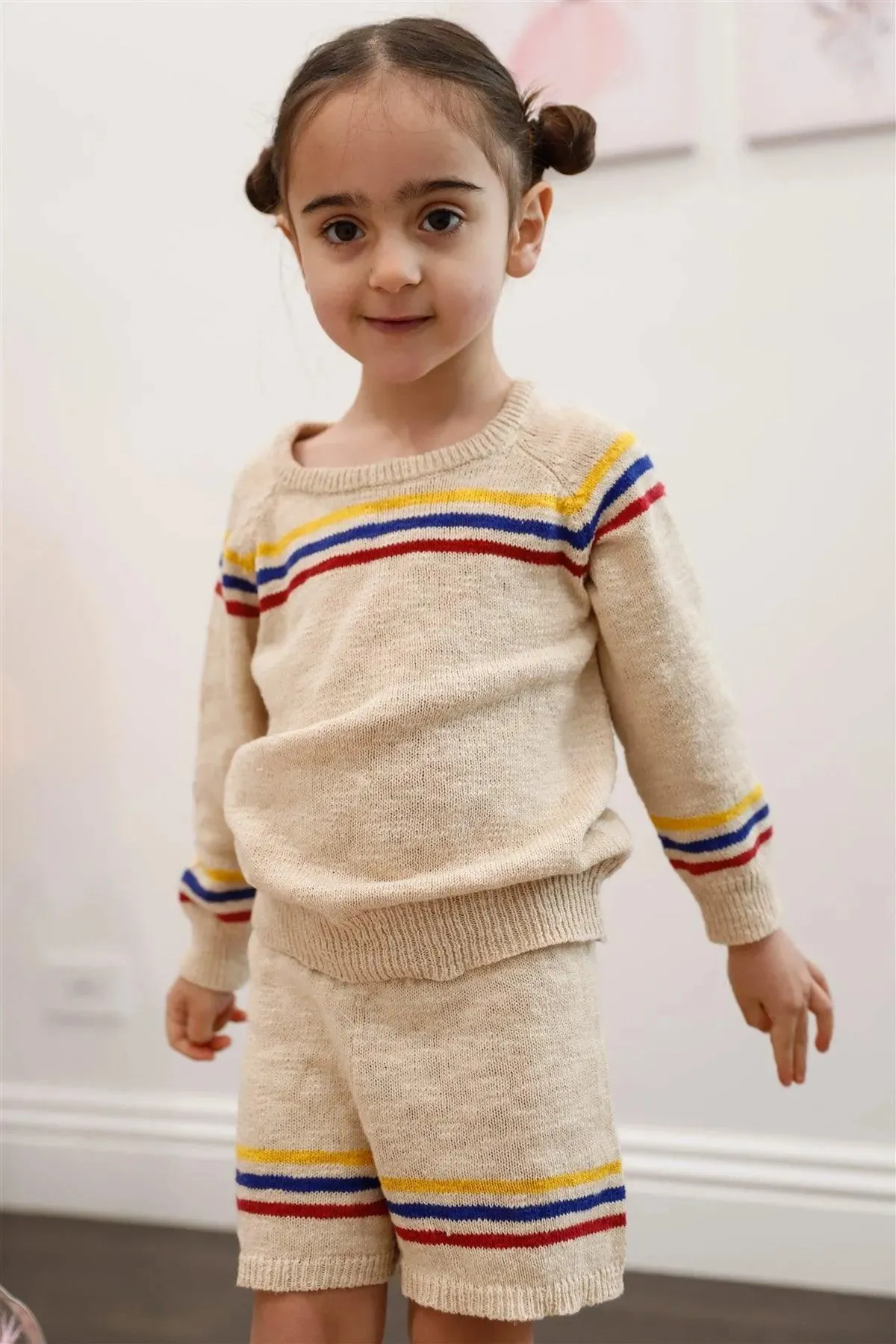 Little Toddler Girls Oatmeal Cotton Knit Multi Color Stripe Sweater & Short Set
