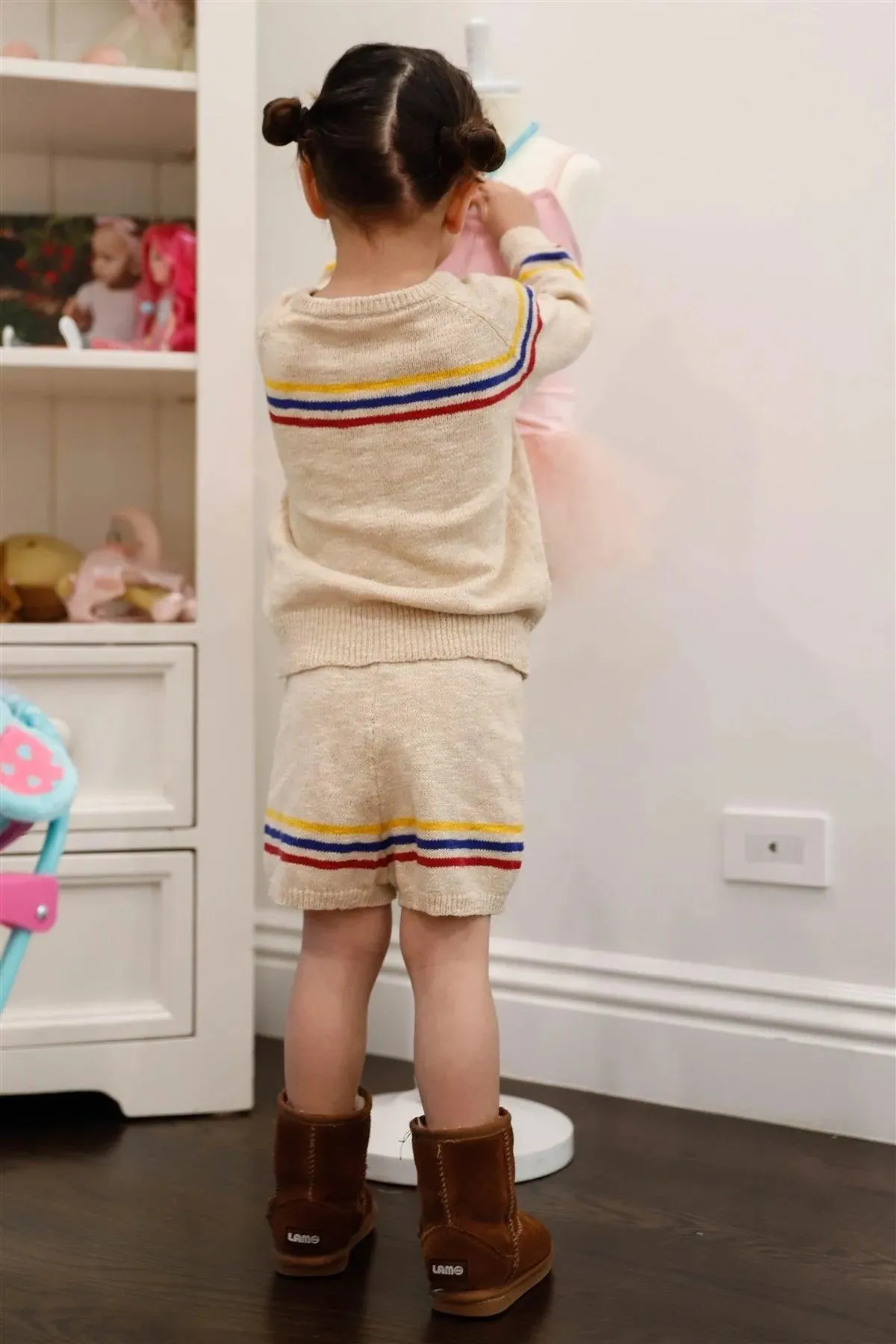 Little Toddler Girls Oatmeal Cotton Knit Multi Color Stripe Sweater & Short Set